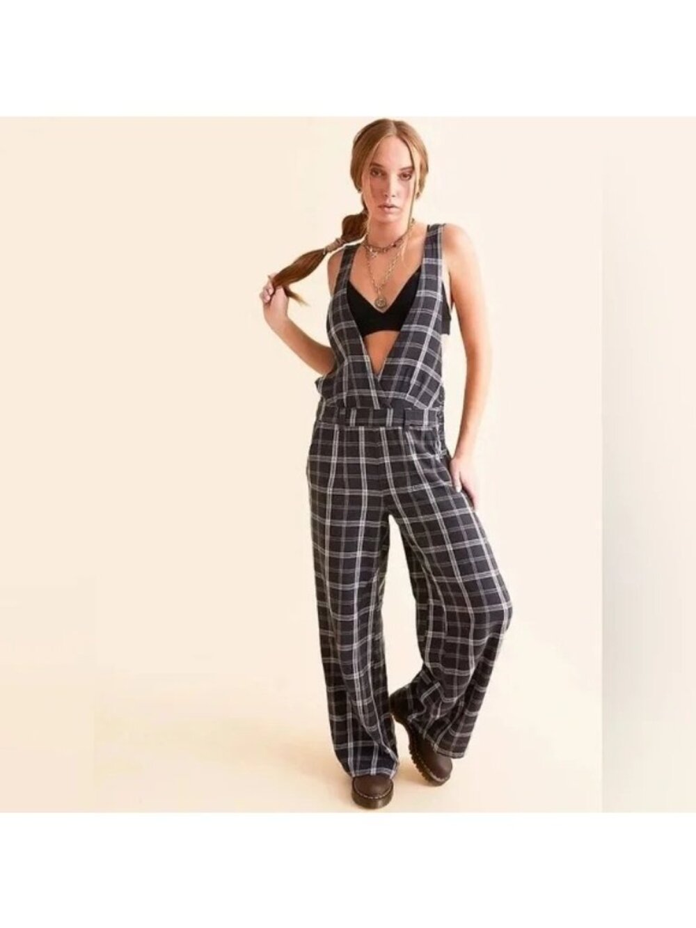 Free People Plaid Mara Overalls Y2K 90s Wide Leg Academia Plaid Womens 6